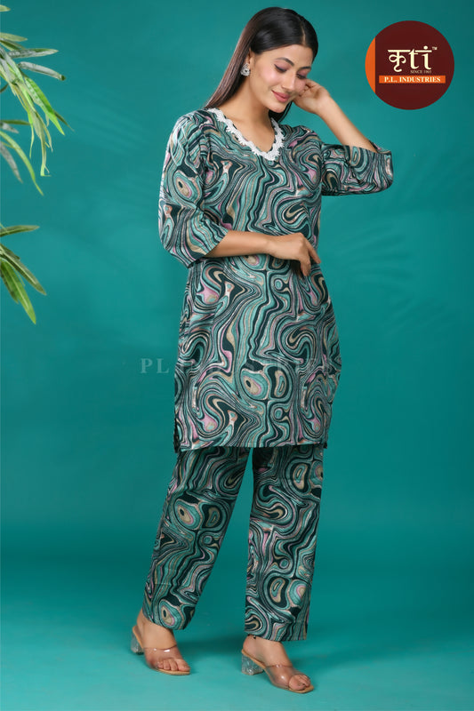 KRITI Abstract Pattern Cotton Cord Set Green For Women