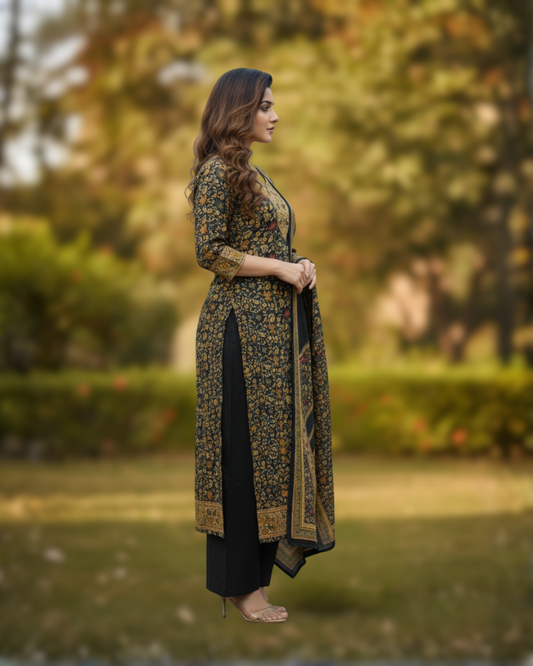 KRITI Winter Woolen Unstitched Suit Black And Mustard Color For Women