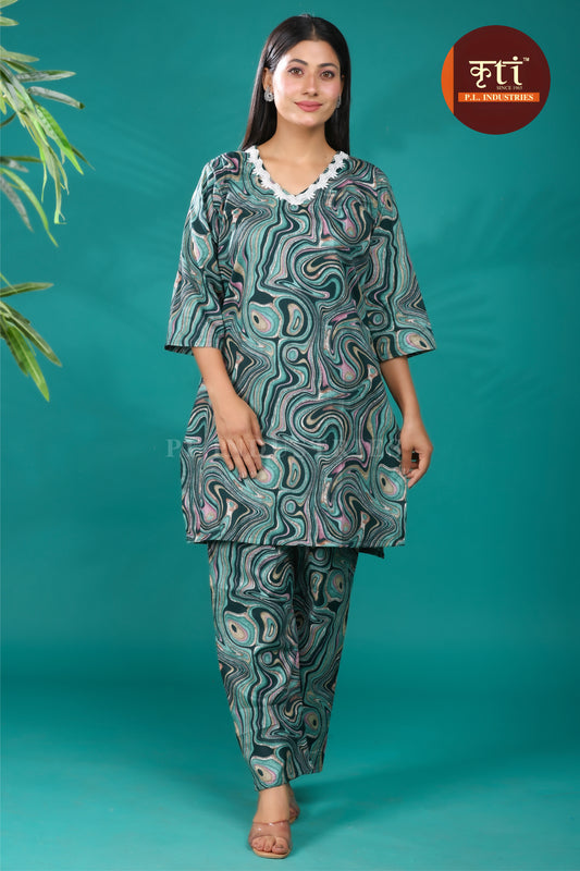 KRITI Abstract Pattern Cotton Cord Set Green For Women