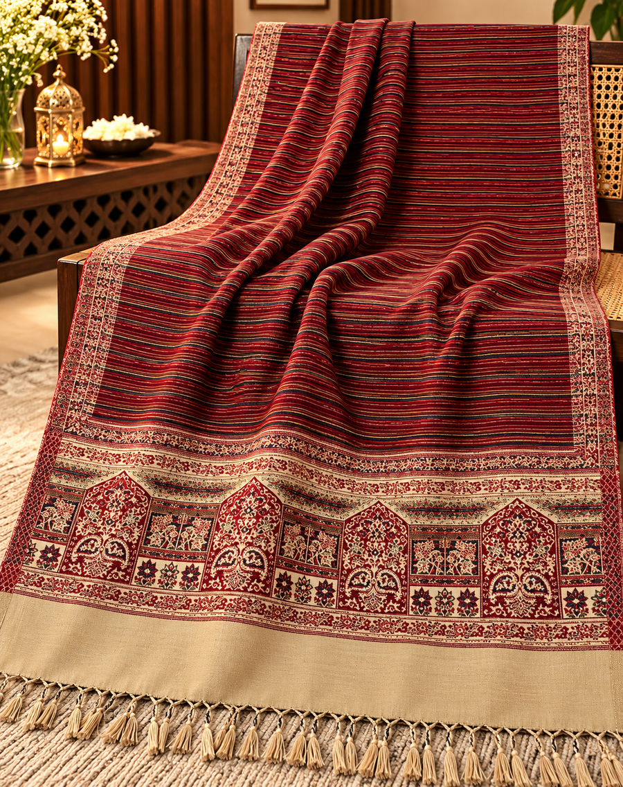 Winter woollen close strip design stole - Maroon