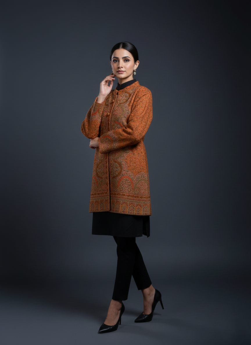 KRITI Women's Woolen Kashmiri Kani Coat – Full Sleeve Ethnic Winter Coat with Floral Design, Traditional Indian Wear for Party & Casual, Standard Fit