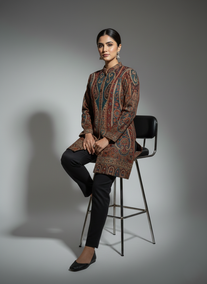 KRITI Women's Woolen Kashmiri Kani Coat – Full Sleeve Ethnic Winter Coat with Floral Design, Traditional Indian Wear for Party & Casual, Standard Fit