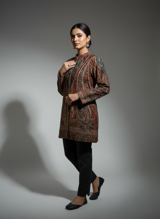 KRITI Women's Woolen Kashmiri Kani Coat – Full Sleeve Ethnic Winter Coat with Floral Design, Traditional Indian Wear for Party & Casual, Standard Fit