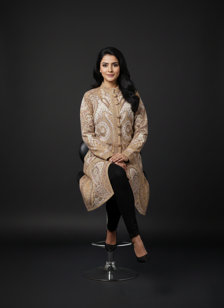 KRITI Women's Woolen Kashmiri Kani Coat – Full Sleeve Ethnic Winter Coat with Floral Design, Traditional Indian Wear for Party & Casual, Standard Fit