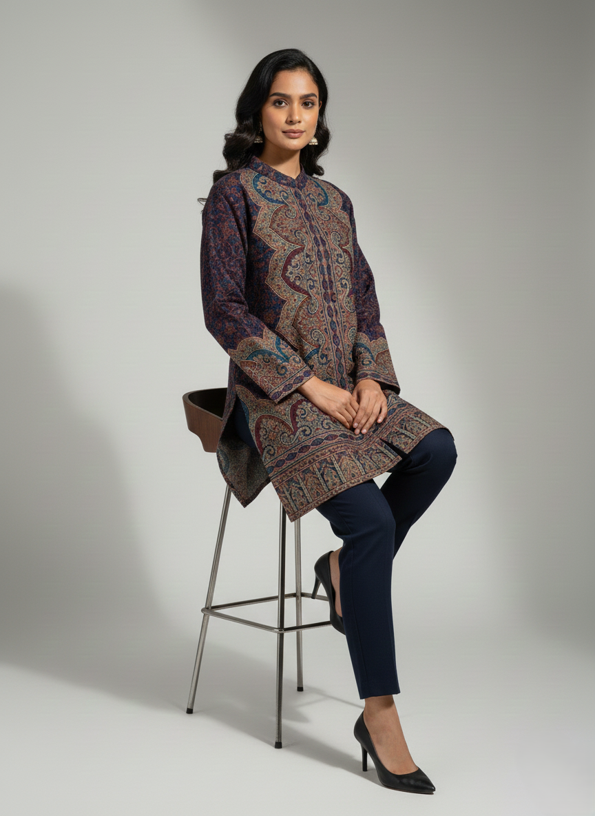 KRITI Women's Woolen Kashmiri Kani Coat – Full Sleeve Ethnic Winter Coat with Floral Design, Traditional Indian Wear for Party & Casual, Standard Fit