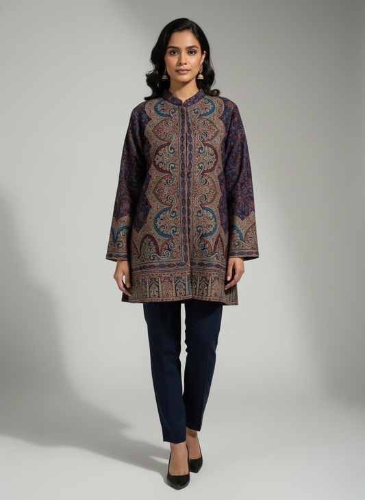 KRITI Women's Woolen Kashmiri Kani Coat – Full Sleeve Ethnic Winter Coat with Floral Design, Traditional Indian Wear for Party & Casual, Standard Fit