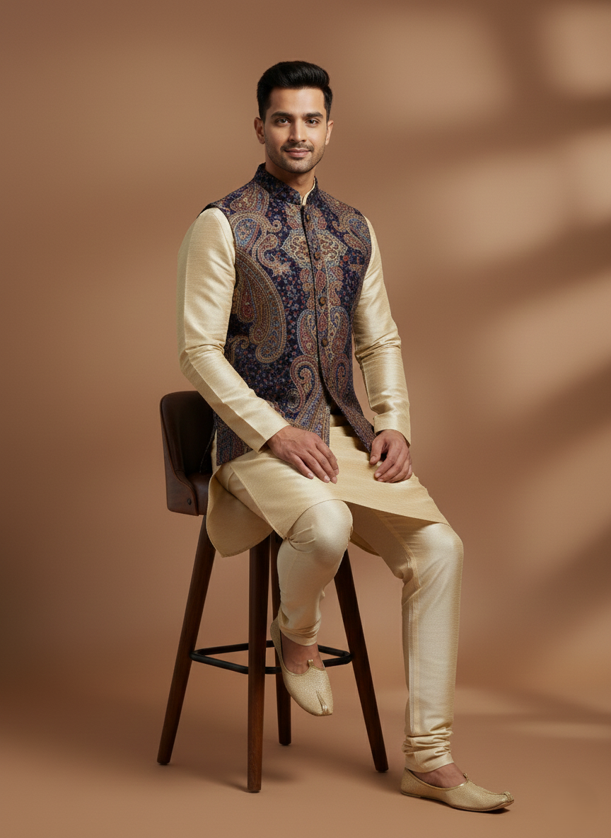 KRITI Men's Kani Nehru Jacket | Traditional Kashmiri Paisley Print Modi Vest | Ethnic Indian Waistcoat for Wedding, Festival, and Formal Wear
