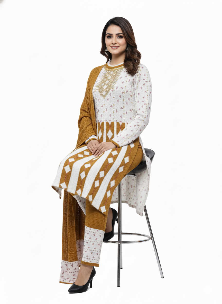 KRITI Winter Embroidery 3 Piece Kurti Set Mustard Color For Women