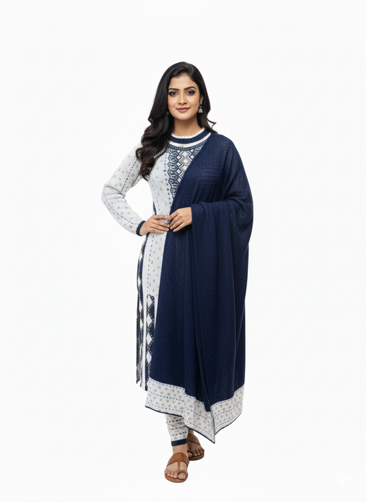 KRITI Winter Embroidery 3 Piece Kurti Set Navy Color For Women