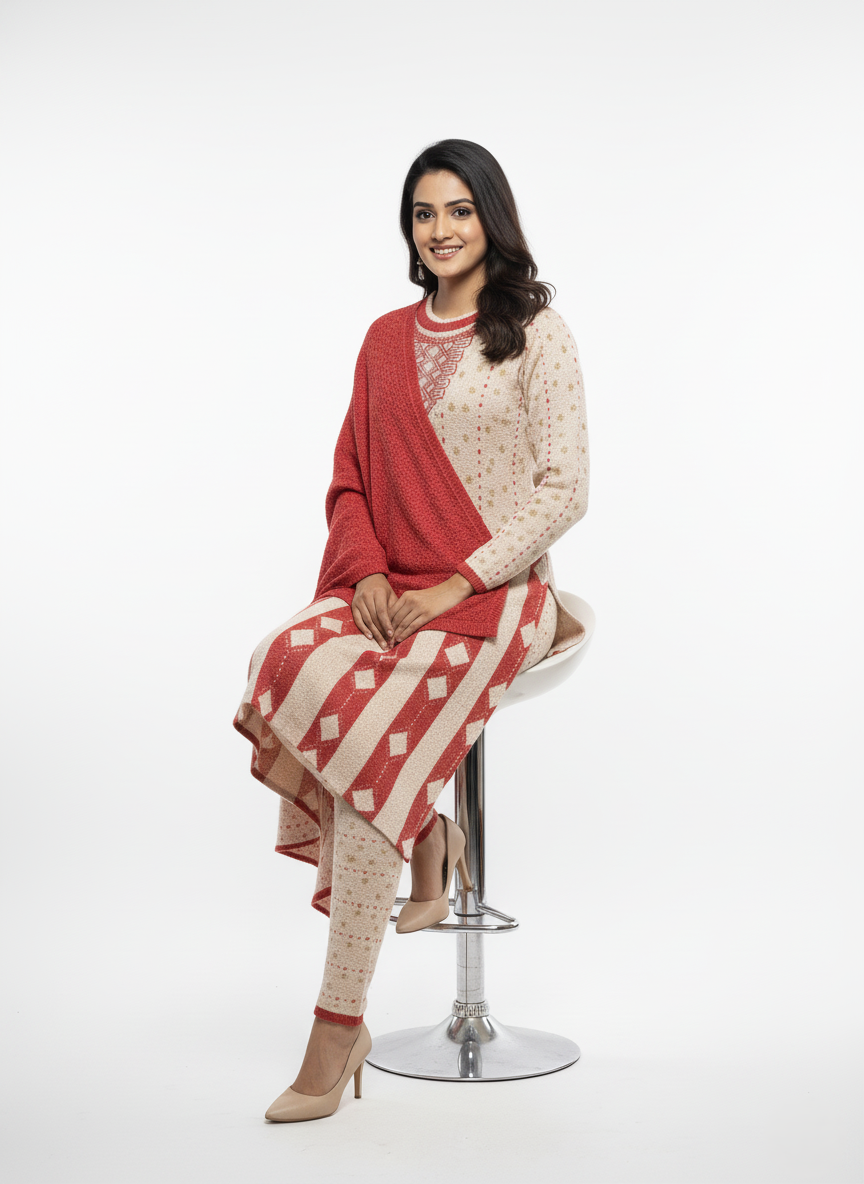 KRITI Women's Embroidered 3 Piece Kurti Set - Cozy Winter- Knit Kurta & Shawl