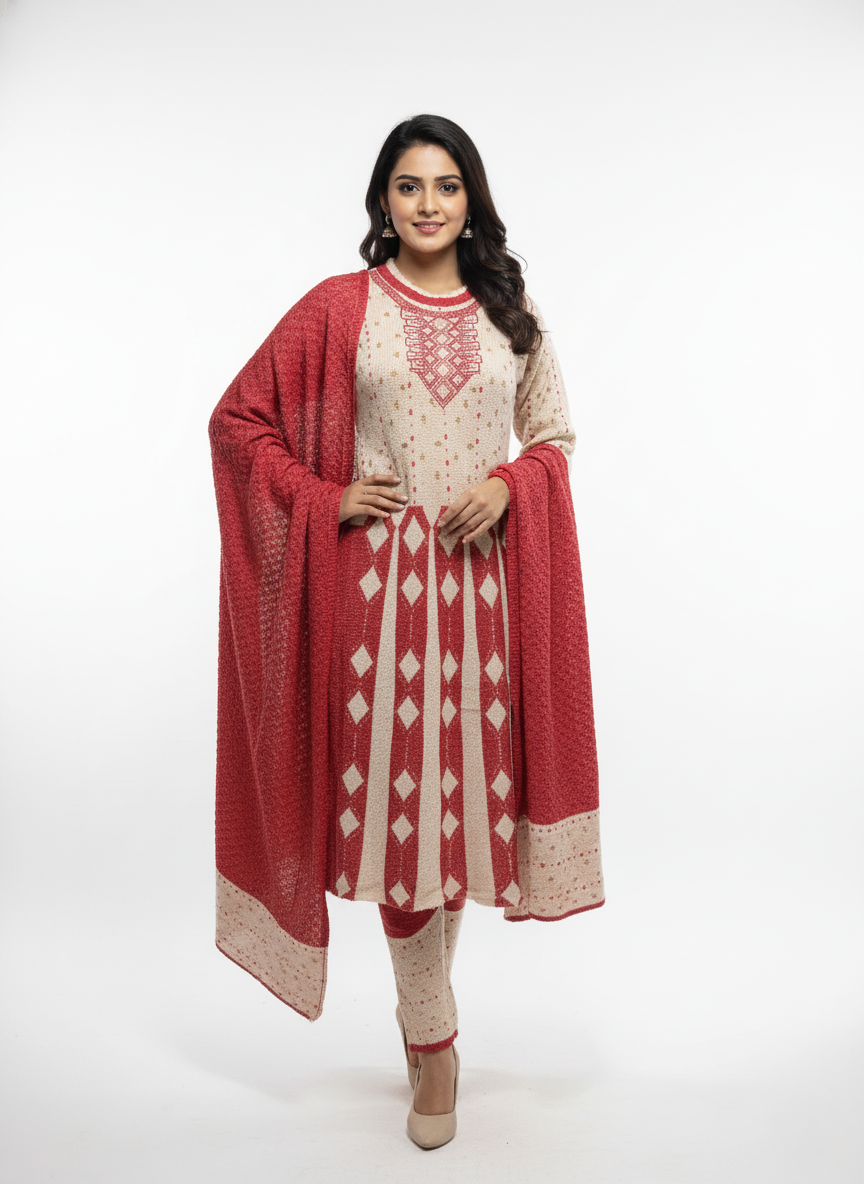 KRITI Women's Embroidered 3 Piece Kurti Set - Cozy Winter- Knit Kurta & Shawl