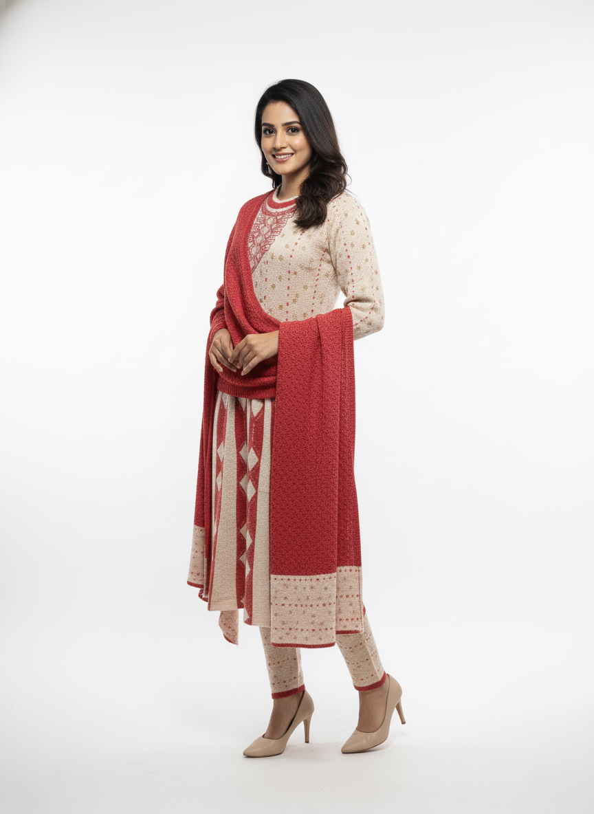 KRITI Women's Embroidered 3 Piece Kurti Set - Cozy Winter- Knit Kurta & Shawl