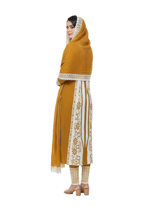 KRITI Winter Embroidery 3 Piece Kurti Set Mustard Color For Women