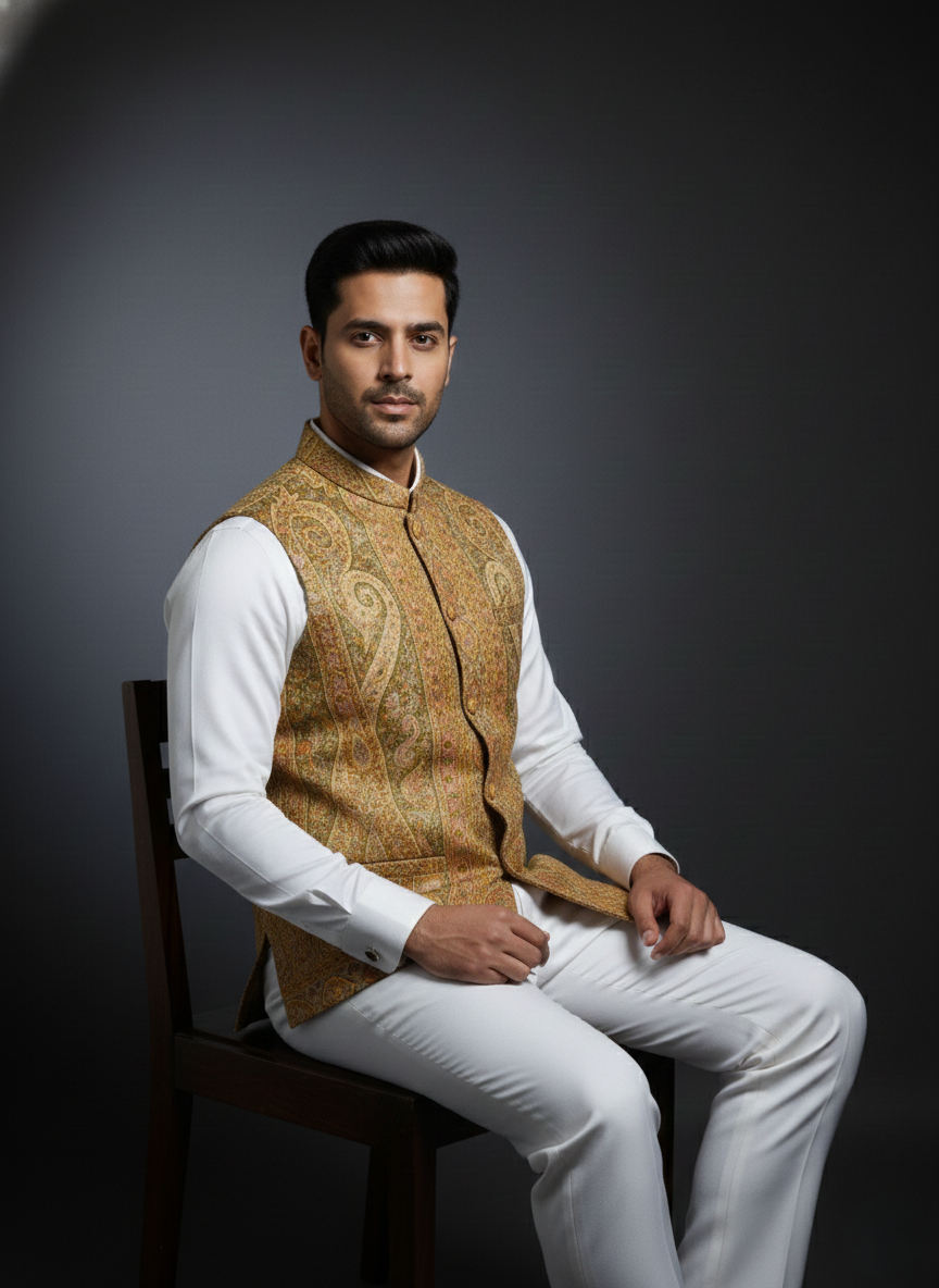 कृति महिलाओं के लिए पारंपरिक कानी डिज़ाइन ऊनी कोट सरसों रंग