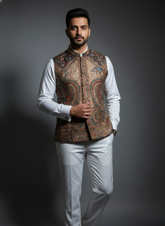 KRITI Men's Kani Nehru Jacket | Traditional Kashmiri Paisley Print Modi Vest | Ethnic Indian Waistcoat for Wedding, Festival, and Formal Wear