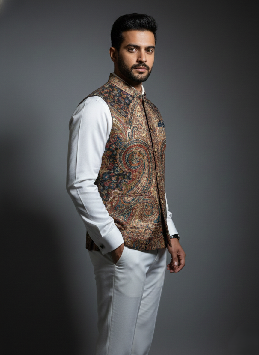 KRITI Men's Kani Nehru Jacket | Traditional Kashmiri Paisley Print Modi Vest | Ethnic Indian Waistcoat for Wedding, Festival, and Formal Wear