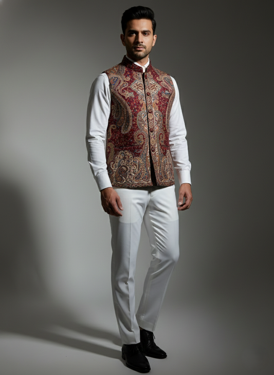 KRITI Men's Kani Nehru Jacket | Traditional Kashmiri Paisley Print Modi Vest | Ethnic Indian Waistcoat for Wedding, Festival, and Formal Wear