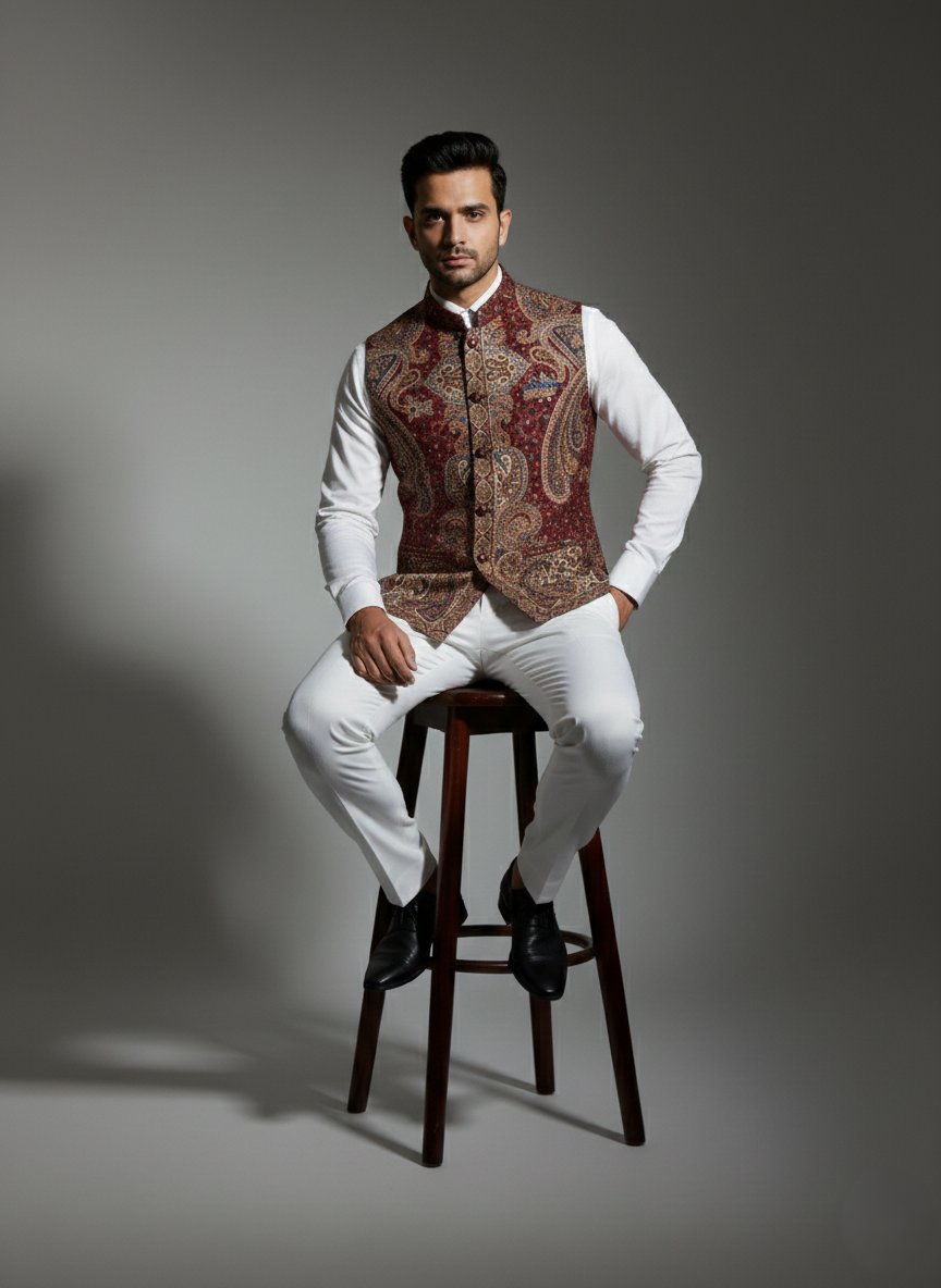 KRITI Men's Kani Nehru Jacket | Traditional Kashmiri Paisley Print Modi Vest | Ethnic Indian Waistcoat for Wedding, Festival, and Formal Wear