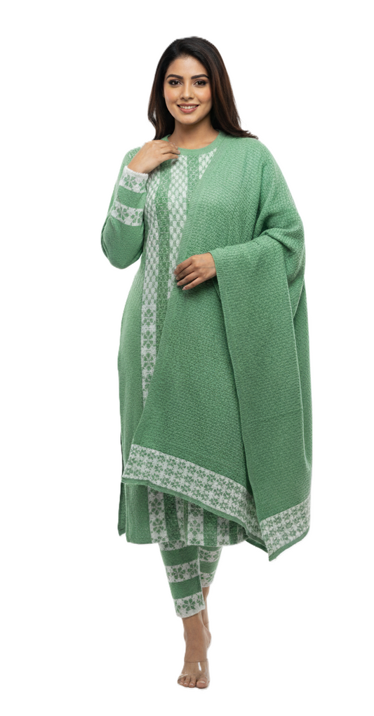 KRITI Winter Embroidery 3 Piece Kurti Set Green Color For Women