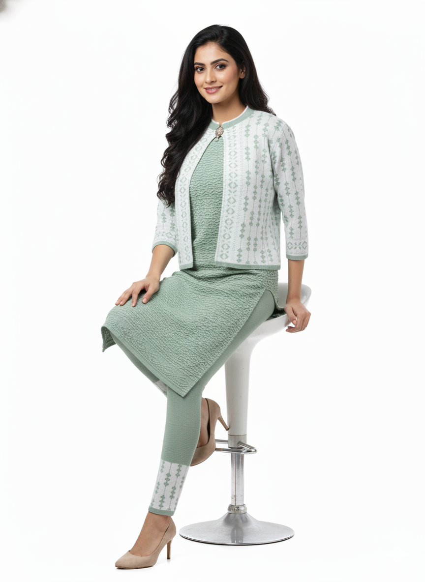 महिलाओं के लिए KRITI ऊनी 3 पीस कुर्ती सेट हरा रंग