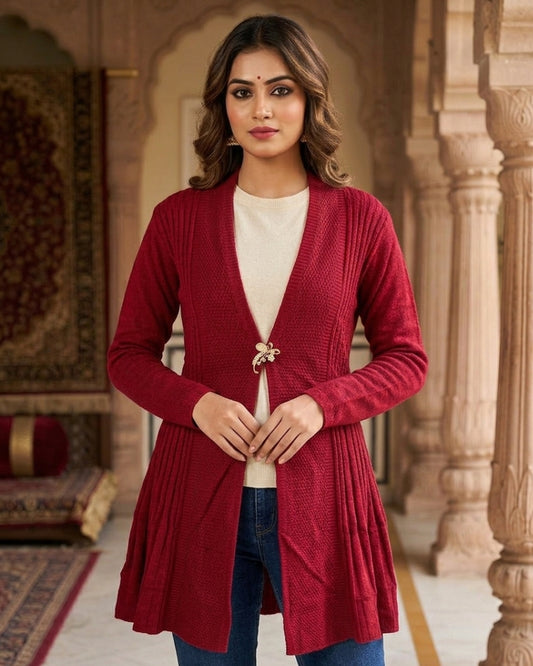 Winter Woolen Long Knitted Shrug - Maroon