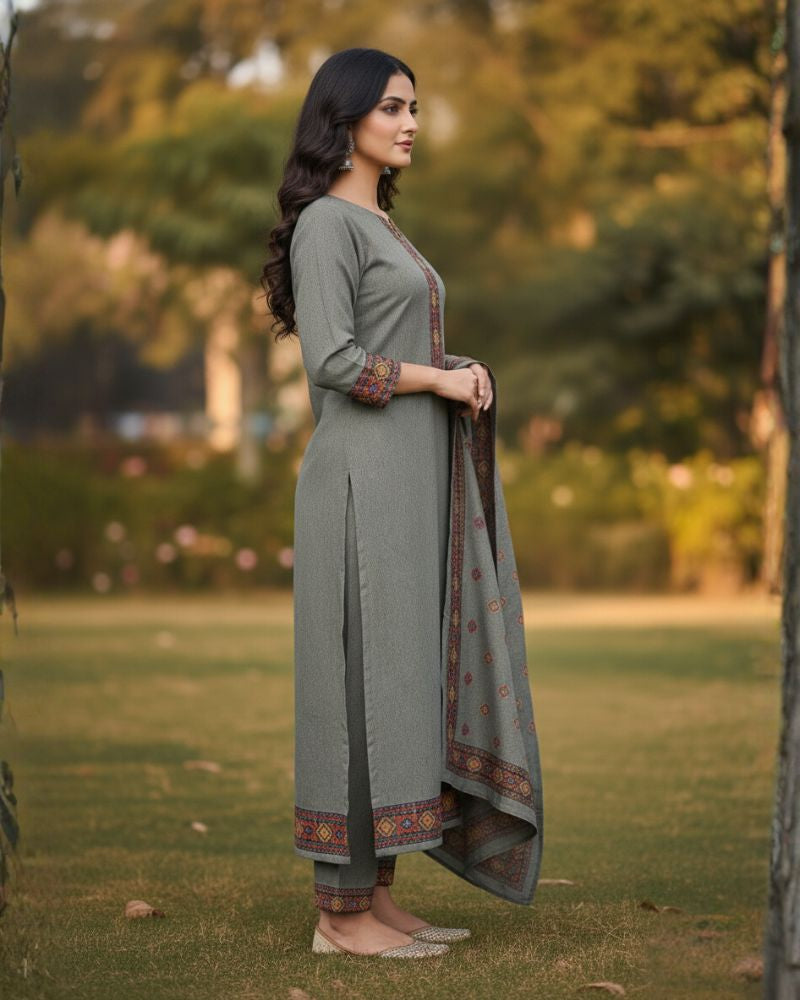 KRITI Winter Woolen Unstitched Suit Grey Color For Women