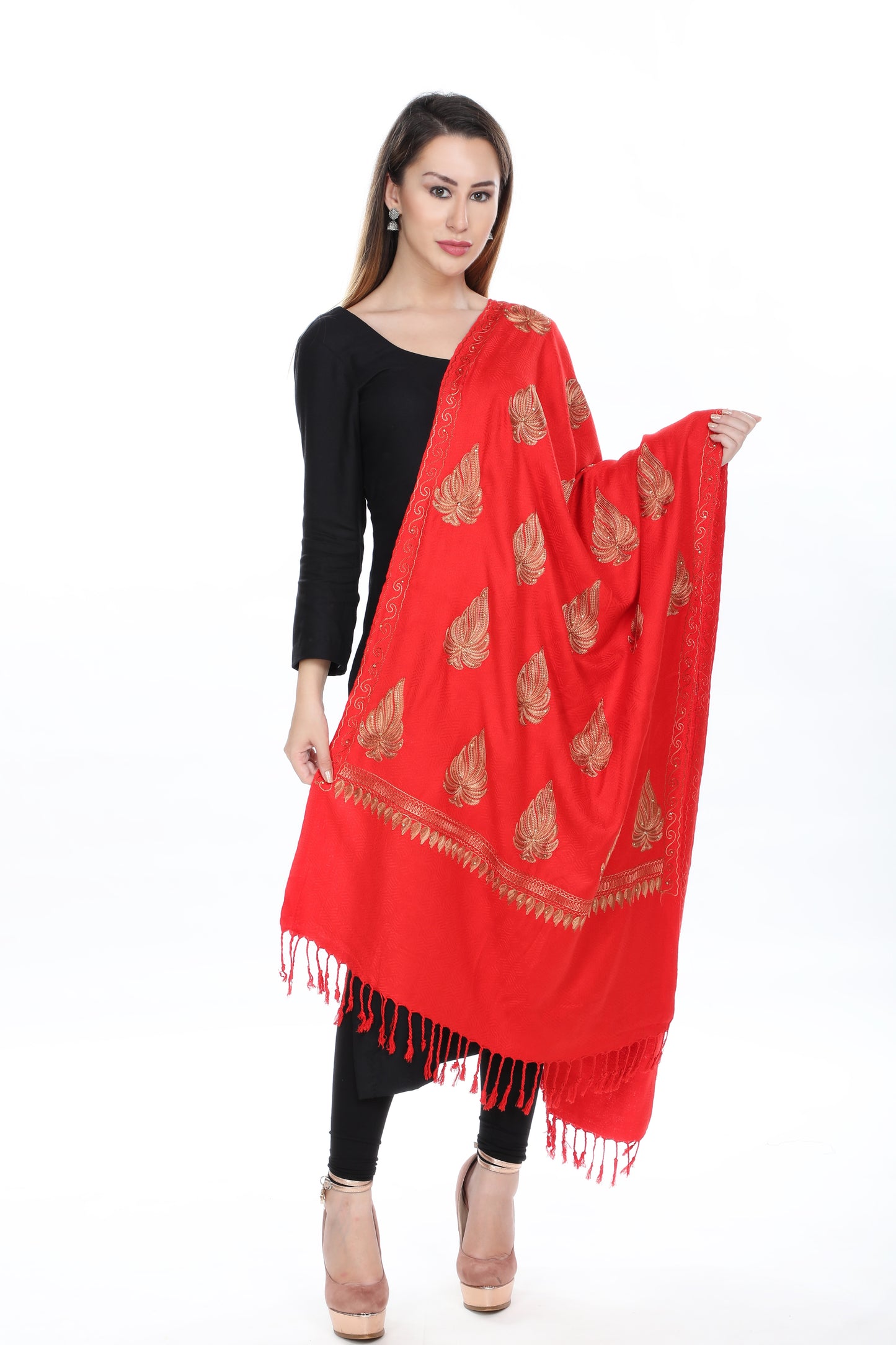 KRITI Paisley Embroidery Woollen Red Color Stole For Girl