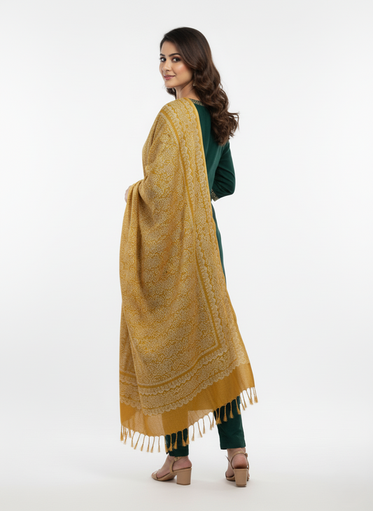 KRITI Floral Design Warm Woolen Yellow Color Shawl for Women