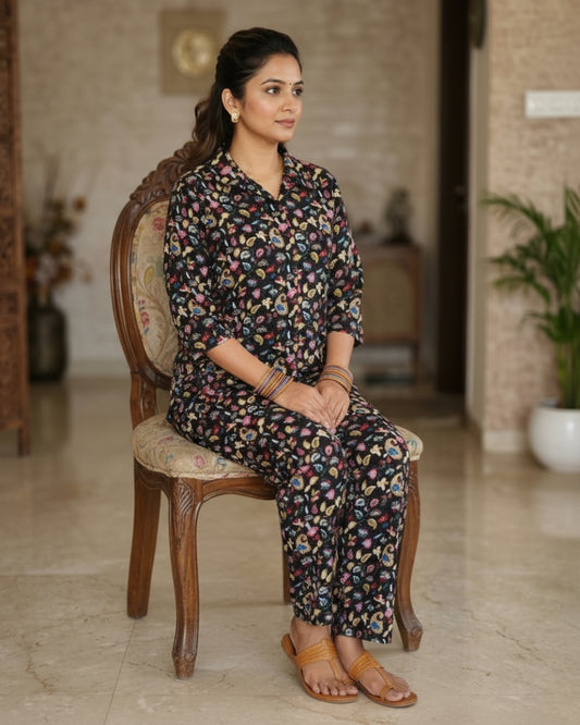 Paisley Printed Rayon Cotton Co-Ord Set - Black