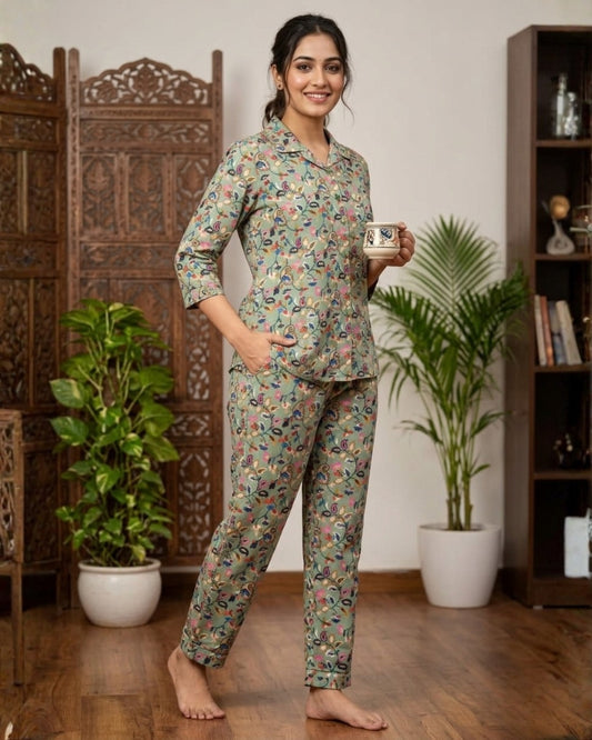 Floral Printed Rayon Cotton Co-Ord Set - Pista