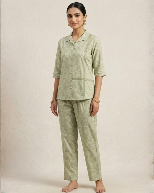 Collard Cotton Designer Printed Co-Ord Set - Pista