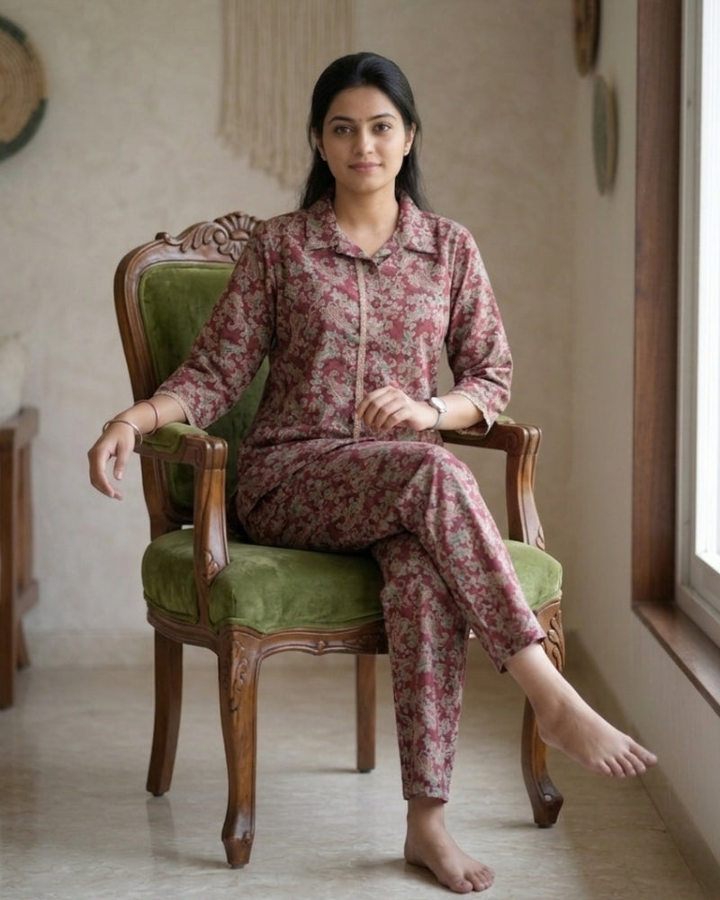 Collard Cotton Designer Printed Co-Ord Set - Maroon