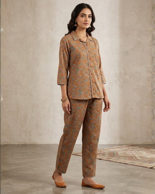 Collard Cotton Designer Printed Co-Ord Set - Mustard