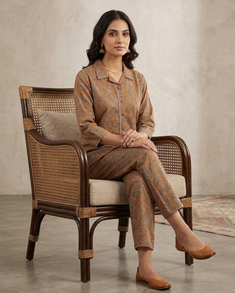 Collard Cotton Designer Printed Co-Ord Set - Mustard