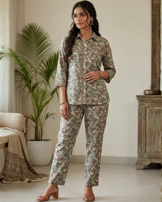 Collard Cotton Designer Printed Co-Ord Set - White