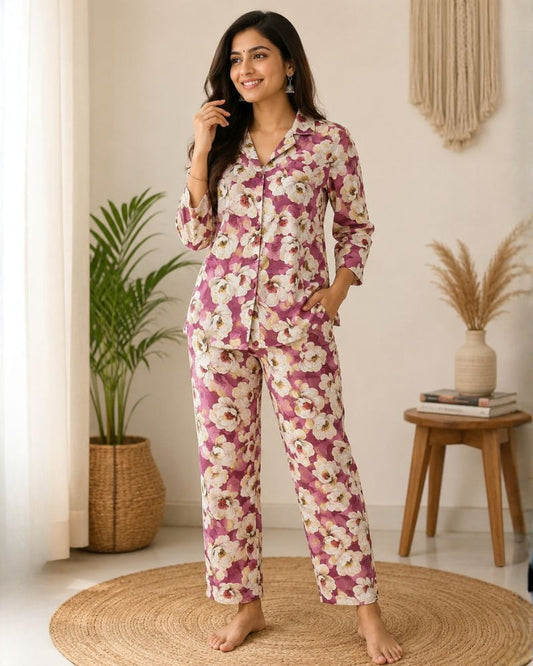 Floral Printed Rayon Cotton Co-Ord Set - Pink