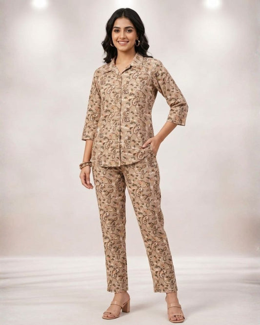 Pasley Printed Rayon Cotton Co-Ord Set - Camel