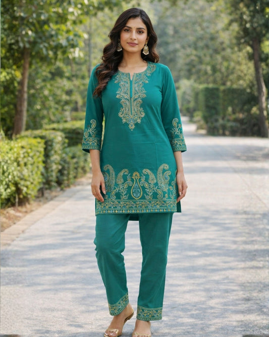 Kashmiri Embroidered Rayon Co-Ord Set - Green