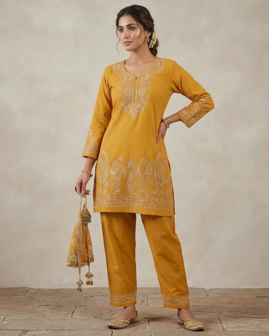 Kashmiri Embroidered Rayon Co-Ord Set - Mustard
