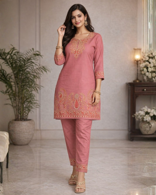 Kashmiri Embroidered Rayon Co-Ord Set - Peach