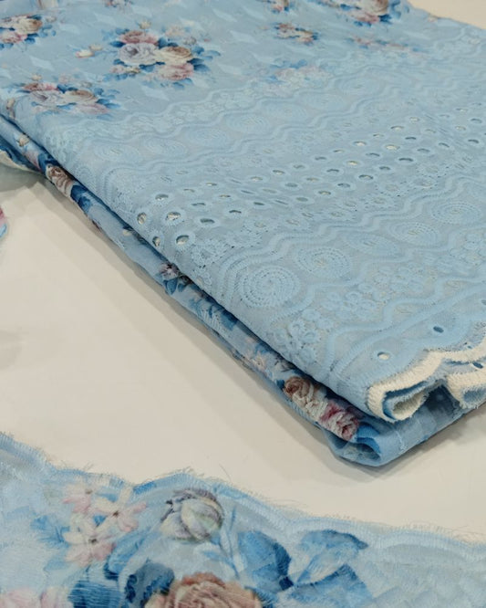 Chikankari Unstitched Suit Set- Sky Blue