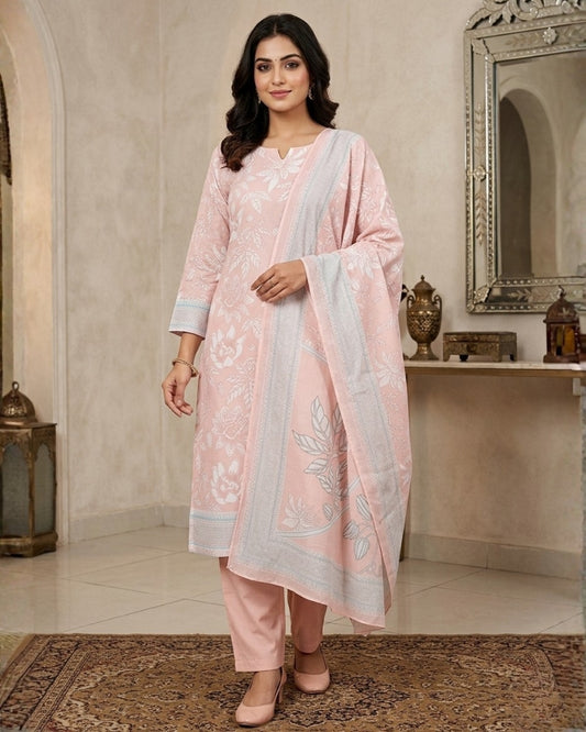 Floral Printed Stitched Cotton Suit - Peach