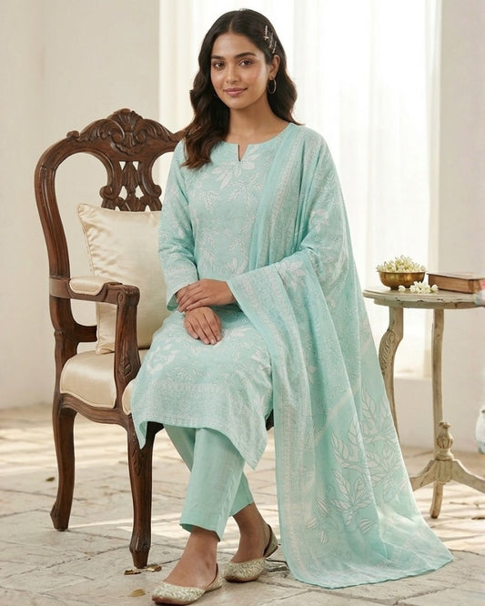 Floral Printed Stitched Cotton Suit - Sea Green