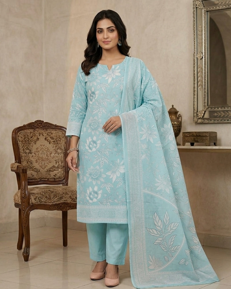 Floral Printed Stitched Cotton Suit - Sky Blue