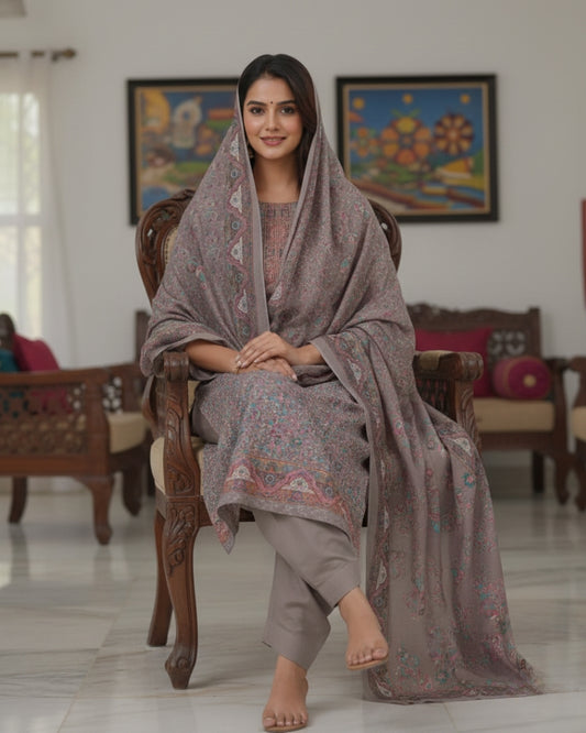 Paisley Printed Suit with Thread Embroidery- Mouse