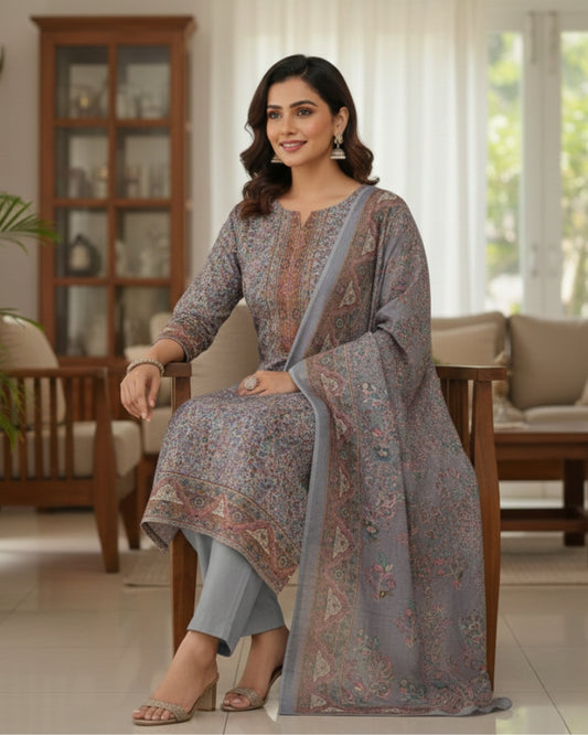 Paisley Printed Suit with Thread Embroidery- Purple