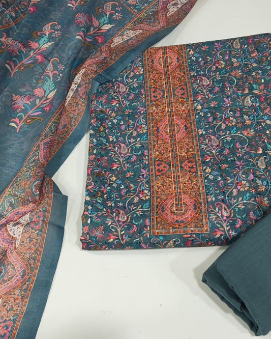Paisley Printed Suit with Thread Embroidery- Grey
