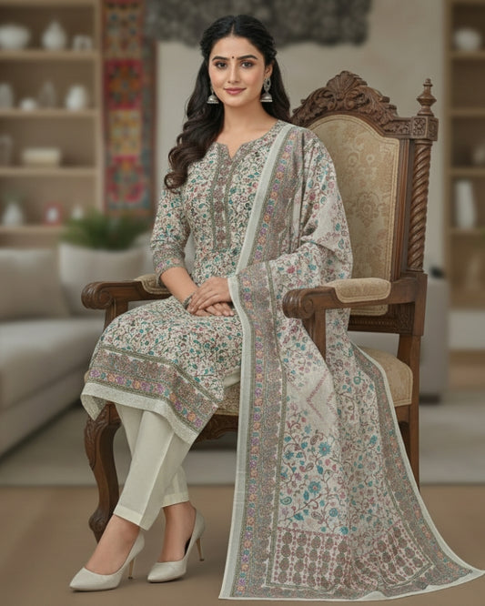 Paisley Printed Suit with Thread Embroidery- Cream II