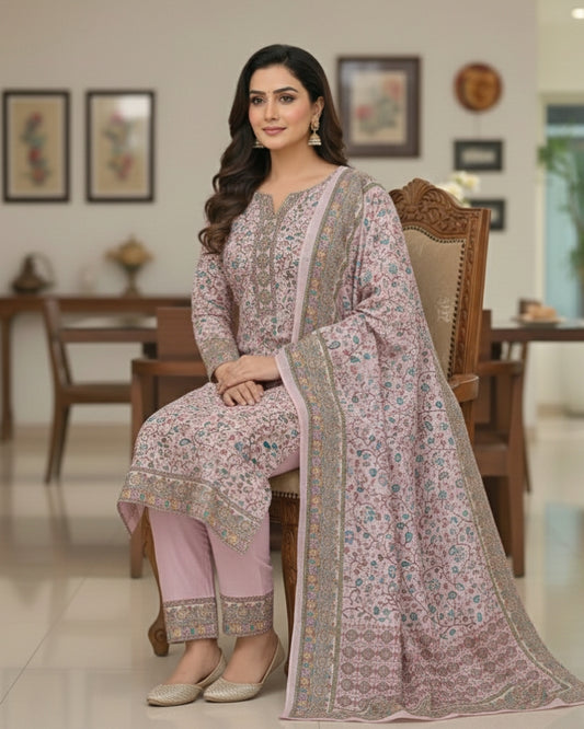 Paisley Printed Suit with Thread Embroidery- Pink II