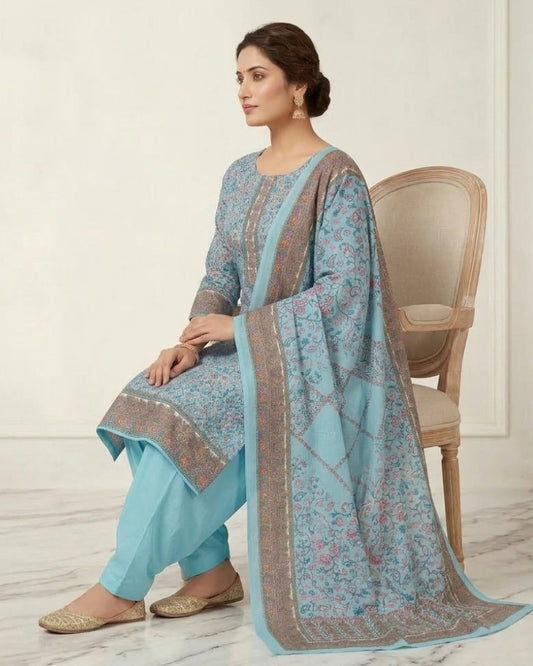 Paisley Printed Suit with Thread Embroidery- Sky Blue II